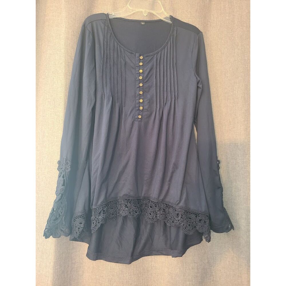 Blue Button Front Pleated Long Sleeve Tunic Crochet Blouse Small